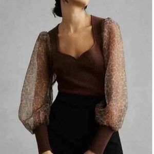 NWT Anthropologie Dolan Puff Sleeve Top Leopard Animal Print Size XS